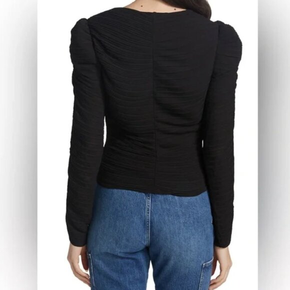 FRAME (NWT) Gathered Keyhole Tie Neck Top, Plissé-Crepe, Size L - Picture 4 of 16